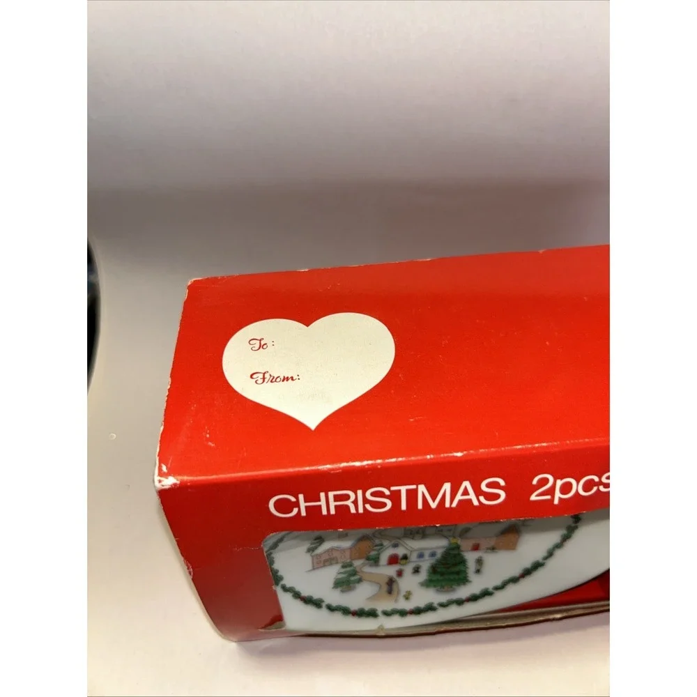VTG Vanity Bathroom Set Soap Dish Tumbler Glass Christmas Scene Porcelain Japan